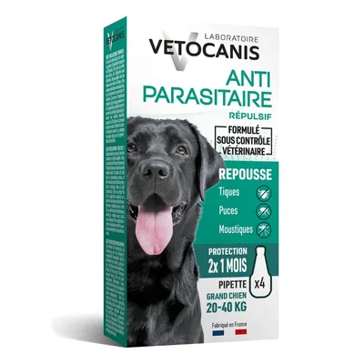 Vetocanis Répulsif anti-puces et tiques Spot-On chien L (20 - 40 kg) - 4 pipettes x 1,2 ml
