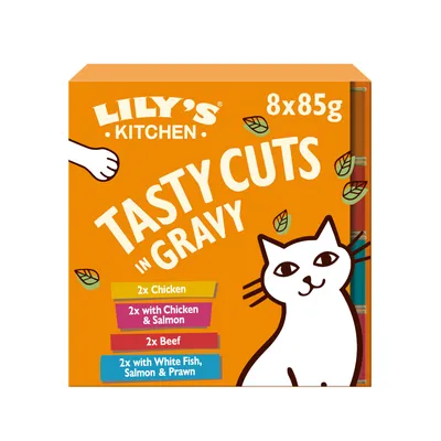 Lily's Kitchen Tasty Cuts in Gravy, 8x85g. Variedades: 2x pollo, 2x pollo y salmón, 2x ternera, 2x pescado blanco, salmón y gambas. Lily's Kitchen Tasty Cuts in Gravy, 8x85g. Variedades: 2x pollo, 2x pollo y salmón, 2x ternera, 2x pescado blanco, salmón y gambas.
