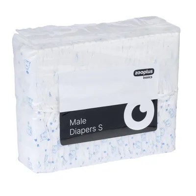 Paquet de couches pour mâles taille S, marque zooplus basics, étiquette avec texte anglais « Male Diapers S » visible sur l’emballage transparent.