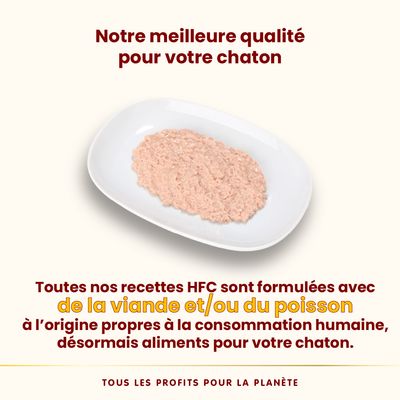 Notre meilleure qualité pour votre chaton. Toutes nos recettes HFC sont formulées avec de la viande et/ou du poisson à l’origine propres à la consommation humaine, désormais aliments pour chaton.