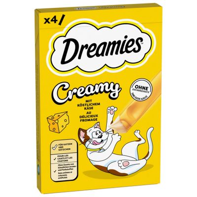 Dreamies Creamy ízletes csirkével, hozzáadott cukor nélkül, mesterséges színezékek és aromák nélkül. A csomag 4 adagot tartalmaz.