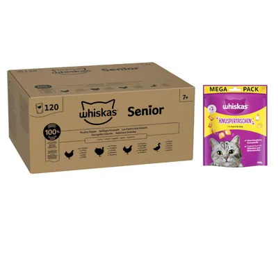 Whiskas Megapack Nassfutter + Knuspertaschen mit Huhn und Käse 180 g gratis! - Senior Geflügel Auswahl in Gelee 120 x 85 g Whiskas Megapack Nassfutter + Knuspertaschen mit Huhn und Käse 180 g gratis! - Senior Geflügel Auswahl in Gelee 120 x 85 g