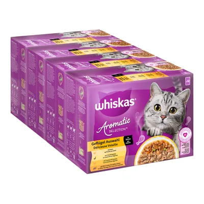 Whiskas Aromatic Selection fågelurval i sås, 12 portionspåsar. Med kyckling, anka och kalkon. Lämplig för katter.