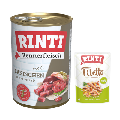 RINTI Kennerfleisch mit Kaninchen, getreidefrei, und RINTI Filetto feines Entenfilet mit Gemüse in Jelly, leichter Genuss, 100g.