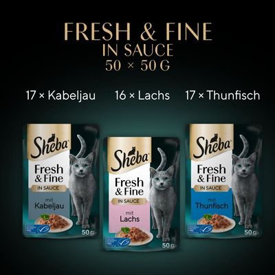 Multipack Sheba Fresh & Fine en sachets fraîcheur, 50 x 50 g - cabillaud, saumon et thon en sauce