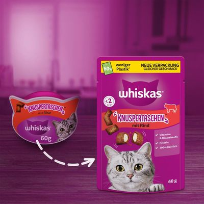 Whiskas Knuspertaschen mit Rind, neue Verpackung mit 60% weniger Plastik, Vitamine & Mineralstoffe, Protein, unter 2 kcal pro Stück, 100% köstlich. Inhalt: 60g.
