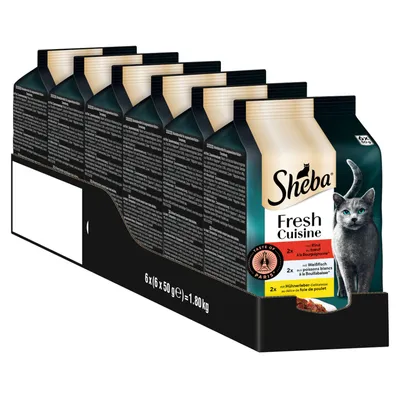 Sheba Fresh Cuisine hrană pentru pisici, pachet 6x50g. Sortimente: vită à la Bourguignonne, pește alb à la Bouillabaisse, delicatese din ficat de pui. Greutate totală: 1,80kg.