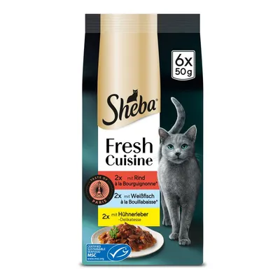 Sheba Fresh Cuisine, 6x50g. Sortimente: 2x vită à la Bourguignonne, 2x pește alb à la Bouillabaisse, 2x delicatese din ficat de pui. Pescuit sustenabil certificat MSC.