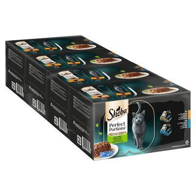 Verpakking Sheba Perfect Portions natvoer voor katten, met afbeelding van portieverpakkingen en een kat. Merknaam en productnaam duidelijk zichtbaar op de doos.