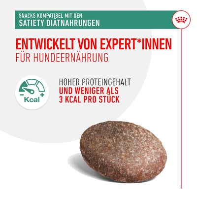 Snacks kompatibel mit Satiety Diätnahrungen. Entwickelt von Expert*innen für Hundeernährung. Hoher Proteingehalt und weniger als 3 kcal pro Stück.