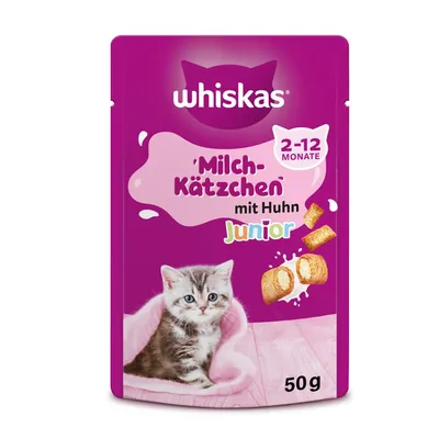 Whiskas Milch-Kätzchen Junior s piščancem, primerno za mačke od 2 do 12 mesecev, 50g pakiranje.