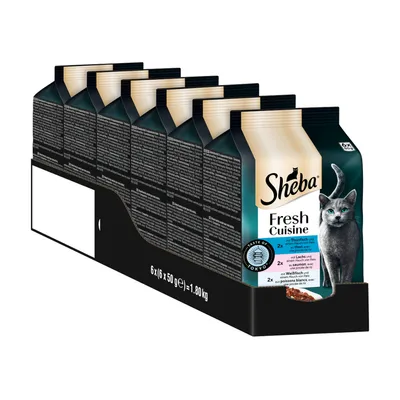 Sheba Fresh Cuisine, 6x50g csomag. Változatok: tonhal és fehér hal, lazac és tengeri gyümölcsök, fehér hal garnélával. Teljes tömeg: 1,80 kg.
