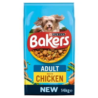 Bakers Adult rich in chicken, new 14kg pack. Image shows dry food pieces in a bowl with visible text highlighting chicken as the main ingredient. Bakers Adult rich in chicken, new 14kg pack. Image shows dry food pieces in a bowl with visible text highlighting chicken as the main ingredient.
