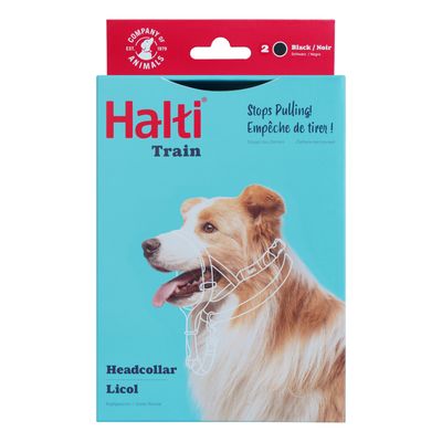 Halti schwarzes Hundegeschirr mit verstellbaren Gurten und Metallclip, geeignet für Kontrolle beim Spaziergang.
