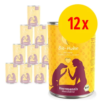 Lot de 12 boîtes Herrmann's Manufaktur Bio-Huhn mit Hirse, texte visible : Organic chicken with millet, illustration chien et personne, label BIO.