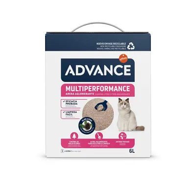 Advance MultipERFORMANCE arena aglomerante, efficacité prouvée, nettoyage facile, contrôle des odeurs, ultra-agglomérante, antibactérien, parfum pin, 6L, image d’un chat et litière visible. Advance MultipERFORMANCE arena aglomerante, efficacité prouvée, nettoyage facile, contrôle des odeurs, ultra-agglomérante, antibactérien, parfum pin, 6L, image d’un chat et litière visible.