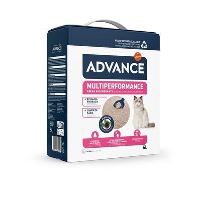 ADVANCE MULTIPERFORMANCE kattenbakvulling, 6L. Tekst in Spaans: eficacia probada, limpieza fácil. Afbeelding van kat en korrels. Recyclebaar verpakkingsicoon zichtbaar.