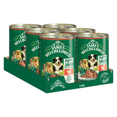 James Wellbeloved Puppy Junior upp till 12 månader, kyckling med ris och grönsaker i loaf, 6x400g burkar. Naturligt hypoallergen för valpar.