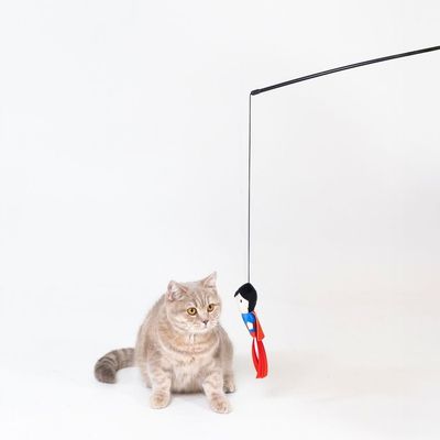 Katzenspielzeug an einer Angel mit Figur in blau-rotem Design. Beige Katze sitzt daneben und beobachtet das Spielzeug.