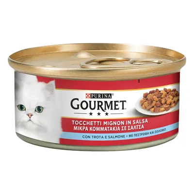 Purina Gourmet Tocchetti Mignon in Salsa, mit Forelle und Lachs. Dose mit rotem Etikett und Bild von weisser Katze sowie servierten Fleischstücken.