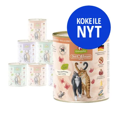 GranataPet DeliCATessen -kissanruokapurkkeja, etualalla maku Kalb & Kaninchen veal & coney. Sininen ympyrä: KOKEILE NYT.