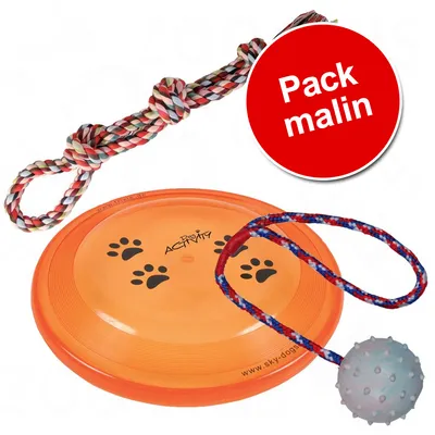 Ensemble de jouets pour chien : disque orange Dog Activity avec empreintes, balle grise à picots sur corde colorée, corde tressée multicolore. Cercle rouge texte « Pack malin ». Ensemble de jouets pour chien : disque orange Dog Activity avec empreintes, balle grise à picots sur corde colorée, corde tressée multicolore. Cercle rouge texte « Pack malin ».