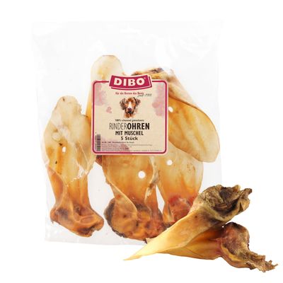 Dibo orecchie di manzo con conchiglia, 100% delicatamente essiccate, confezione da 5 pezzi.