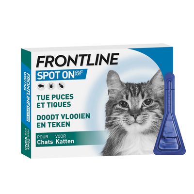 Frontline Spot On pour chats. Tue les puces et les tiques. L'emballage montre un chat et une pipette bleue.