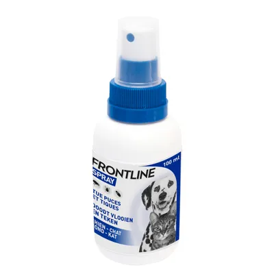 Frontline Spray, 100 ml. Image de l'emballage avec un chien et un chat, adapté contre les puces et les tiques. Frontline Spray, 100 ml. Image de l'emballage avec un chien et un chat, adapté contre les puces et les tiques.