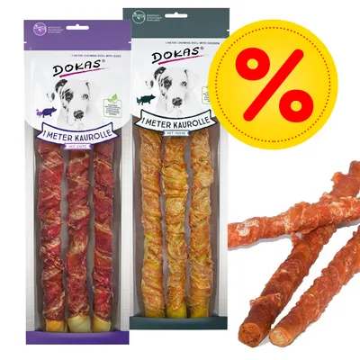 DOKAS 1 Meter Kaurolle koirille, pakkaukset: ankka ja kana. Näkyvissä kolme pururullaa per pakkaus sekä tarjousmerkki (%). Oikealla kolme irtonaista pururullaa.