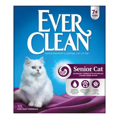 Embalagem de areia aglomerante para gatos Ever Clean Senior Cat, 10 L, fórmula low dust, indicado para gatos com mais de 7 anos. Texto visível: superior absorption, comfortable microgranules, strong clumping. Embalagem de areia aglomerante para gatos Ever Clean Senior Cat, 10 L, fórmula low dust, indicado para gatos com mais de 7 anos. Texto visível: superior absorption, comfortable microgranules, strong clumping.
