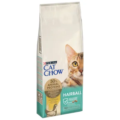 Purina Cat Chow Hairball, богато на пиле, 50% животински протеини, с естествен пребиотик, без изкуствени оцветители, аромати и консерванти.