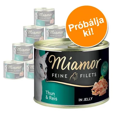 Miamor Feine Filets Thun & Reis in Jelly macskaeledel konzerv, 100% filet, Próbálja ki! felirattal az előtérben több doboz látható.