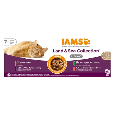 IAMS Land & Sea Collection v omáčke pre mačky od 7 rokov. Druhy: kuracie, tuniak a sleď, jahňacie a červená paprika, dusený losos a treska. 48x85g. Bez pridaného cukru, recyklovateľná krabica.