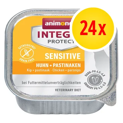 Animonda Integra Protect Sensitive natvoer, kip en pastinaak, 24 stuks, graanvrij, voor voedingsmiddelintolerantie, veterinary diet, urine-pH 6,5–6,8 zichtbaar op verpakking.