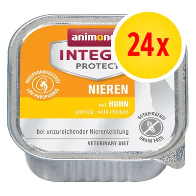 Animonda Integra Protect Nieren, met kip, 24x. Phosphorreduziert, graanvrij. Bij onvoldoende nierfunctie. Veterinary diet. Tekst deels in Duits en Engels.