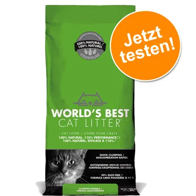 World's Best Cat Litter, 100% natürlich, staubfrei, schnelle Klumpenbildung, herausragende Geruchskontrolle. Jetzt testen! Grünes Verpackungsdesign mit Katzenmotiv.