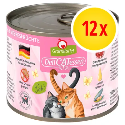 GranataPet DeliCATessen, 12× konzerva pro kočky, bez obilovin, vyrobeno v Německu, granátová jablka, lososový olej, zelená mušle, Paté, bez testování na zvířatech GranataPet DeliCATessen, 12× konzerva pro kočky, bez obilovin, vyrobeno v Německu, granátová jablka, lososový olej, zelená mušle, Paté, bez testování na zvířatech
