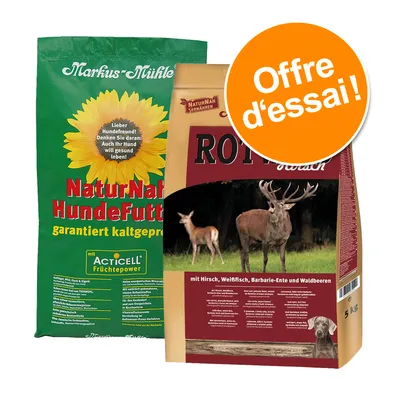 Deux sacs de croquettes pour chien : Markus-Mühle NaturNah Hundefutter et un sac avec cerf, texte allemand visible. Pastille orange « Offre d’essai ! » en haut à droite.