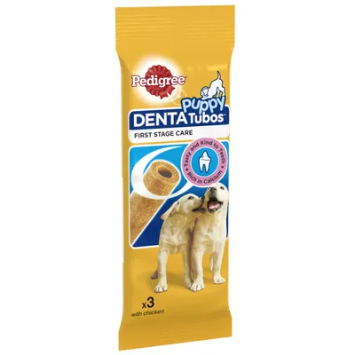 Pedigree Puppy DentaTubos First Stage Care, pack of 3 with chicken. Tasty and kind to teeth, rich in calcium.