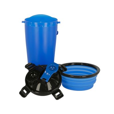 Синий контейнер для корма с крышкой, складная миска и черная крышка-застежка. Аксессуары для хранения и кормления домашних животных.