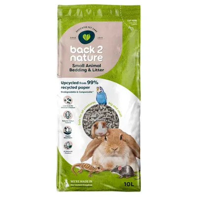 Back 2 Nature small animal bedding and litter, upcycled from 99% recycled paper. Features: low dust, natural odour control, high absorbency, all natural. 10 litre bag. Back 2 Nature small animal bedding and litter, upcycled from 99% recycled paper. Features: low dust, natural odour control, high absorbency, all natural. 10 litre bag.