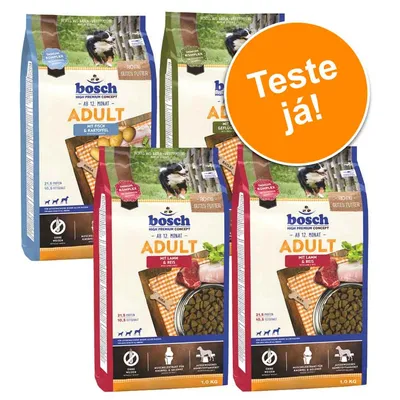 Quatro sacos de ração Bosch Adult para cães, variedades visíveis: peixe e batata, frango, cordeiro e arroz. Texto em destaque: 'Teste já!'. Peso do saco: 1 kg. Quatro sacos de ração Bosch Adult para cães, variedades visíveis: peixe e batata, frango, cordeiro e arroz. Texto em destaque: 'Teste já!'. Peso do saco: 1 kg.