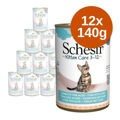 Schesir Kitten Care 3–12, tonhal aloe verával, 12×140 g-os csomag. A dobozon cica képe és többnyelvű felirat: TUNA WITH ALOE, THUNFISCH MIT ALOE, ATÚN CON ALOE.