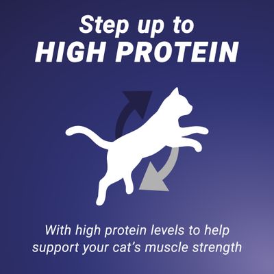 Step up to HIGH PROTEIN. With a high protein content to support your cat's muscle strength.