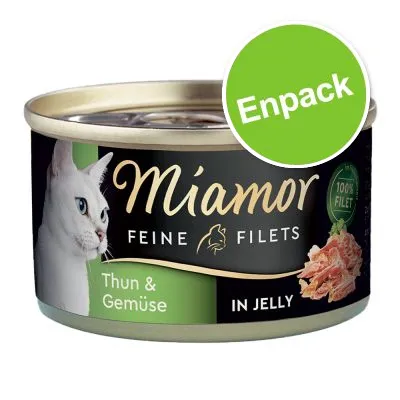 Miamor Feine Filets Thun & Gemüse in Jelly, burk med kattbild och texten 'Enpack' på grön cirkel. 100 % filet synligt på etiketten. Miamor Feine Filets Thun & Gemüse in Jelly, burk med kattbild och texten 'Enpack' på grön cirkel. 100 % filet synligt på etiketten.