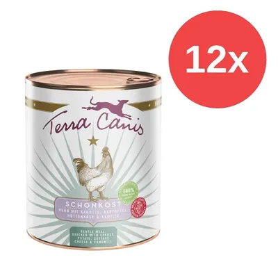 Terra Canis Schonkost Huhn mit Karotte, Kartoffel, Hüttenkäse & Kamille. 12x Dose sichtbar.