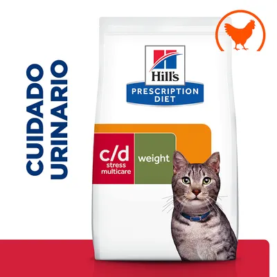 Hill's Prescription Diet c/d stress multicare weight para gatos. Texto visible: CUIDADO URINARIO. Imagen de un gato y símbolo de pollo en la esquina superior derecha. Hill's Prescription Diet c/d stress multicare weight para gatos. Texto visible: CUIDADO URINARIO. Imagen de un gato y símbolo de pollo en la esquina superior derecha.