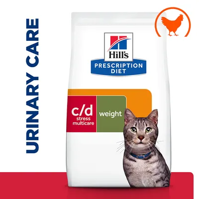 Prescription diet food for urinary care, c/d stress multicare and weight management, with chicken symbol and image of a cat on the packaging. Prescription diet food for urinary care, c/d stress multicare and weight management, with chicken symbol and image of a cat on the packaging.