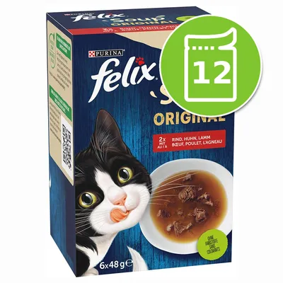 Purina Felix Soup Original macskaeledel, 6×48 g, marha, csirke, bárány. Nagy zöld ikon: 12 tasak. Csomagoláson tál leveses eledellel és fekete-fehér macska. Purina Felix Soup Original macskaeledel, 6×48 g, marha, csirke, bárány. Nagy zöld ikon: 12 tasak. Csomagoláson tál leveses eledellel és fekete-fehér macska.
